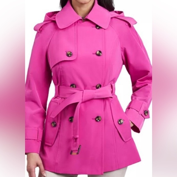 London Fog Size Lg Vibrant Barbie-Pink Hooded, Belted Contemporary Trench Coat - Picture 1 of 9